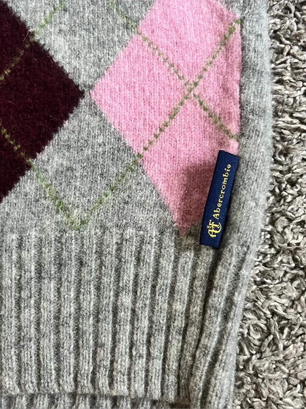 Men's Vintage Abercrombie & Fitch Lambswool Sweater Vest Pink Gray Argyle Preppy